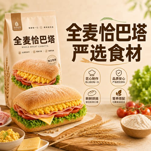 全麦恰巴塔面包整箱无添蔗糖饱腹