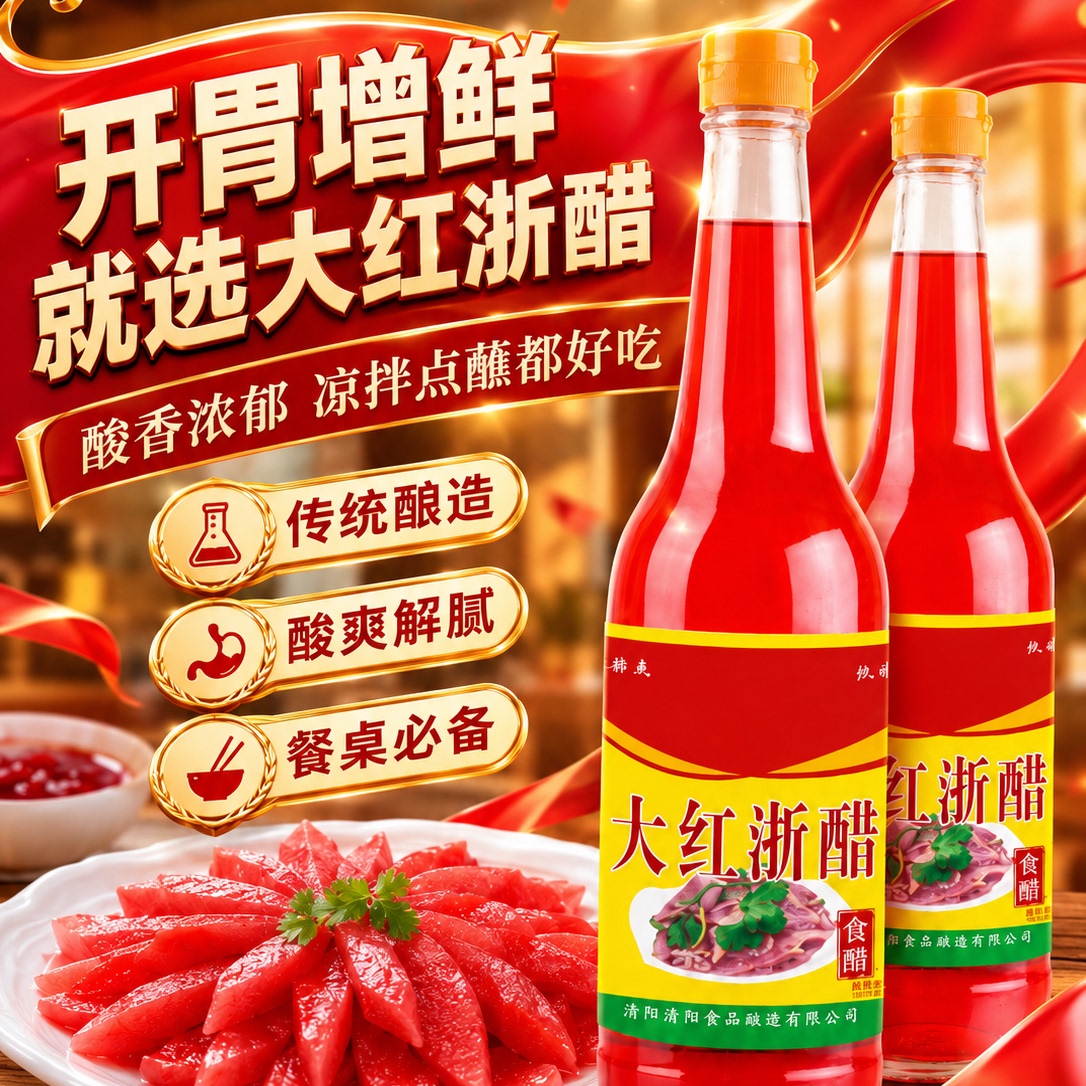 正宗酿造大红浙醋家用商用泡胭脂萝卜泡菜蘸虾蟹烤鸭上色红醋瓶装