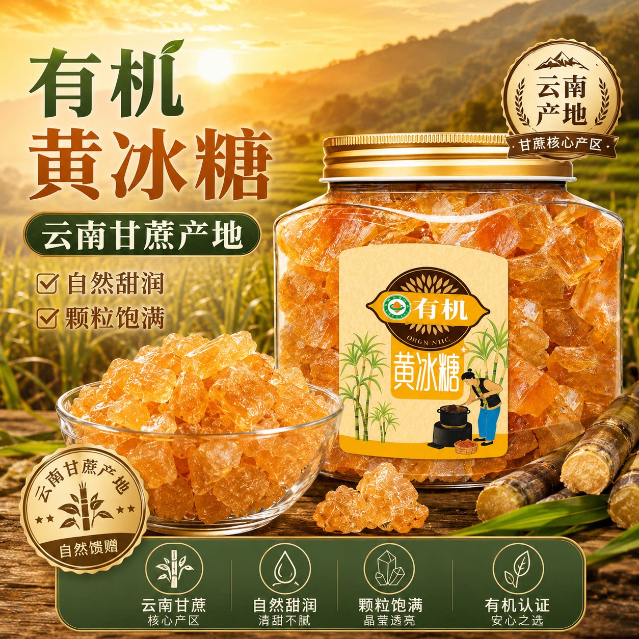 云南有机黄冰糖正宗特产级手工熬制多晶甘蔗清香老黄糖罐装冰糖块
