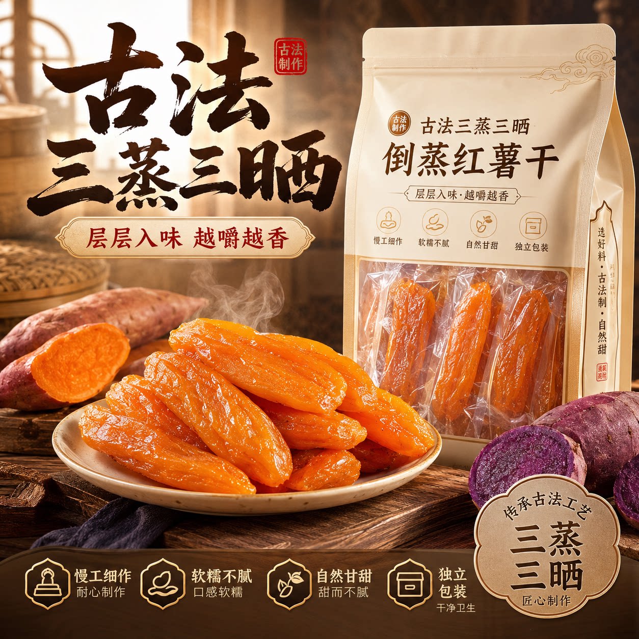 倒蒸红薯干农家自制不加糖老式孕妇小香薯倒蒸地瓜干糯番薯干零食
