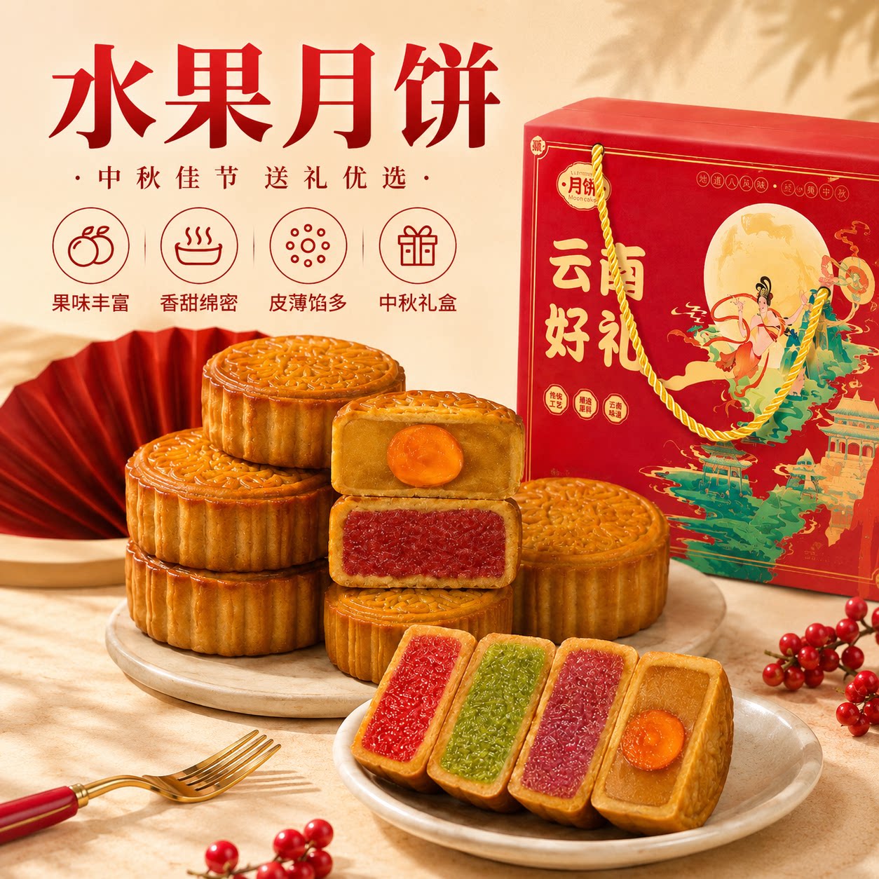 水果风味月饼果肉夹心月饼中秋送礼老式糕点独立包装零食