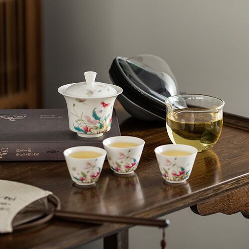 盖碗玻璃茶杯旅行茶具套装户外露B营高档不烫手手抓壶釉下彩泡茶