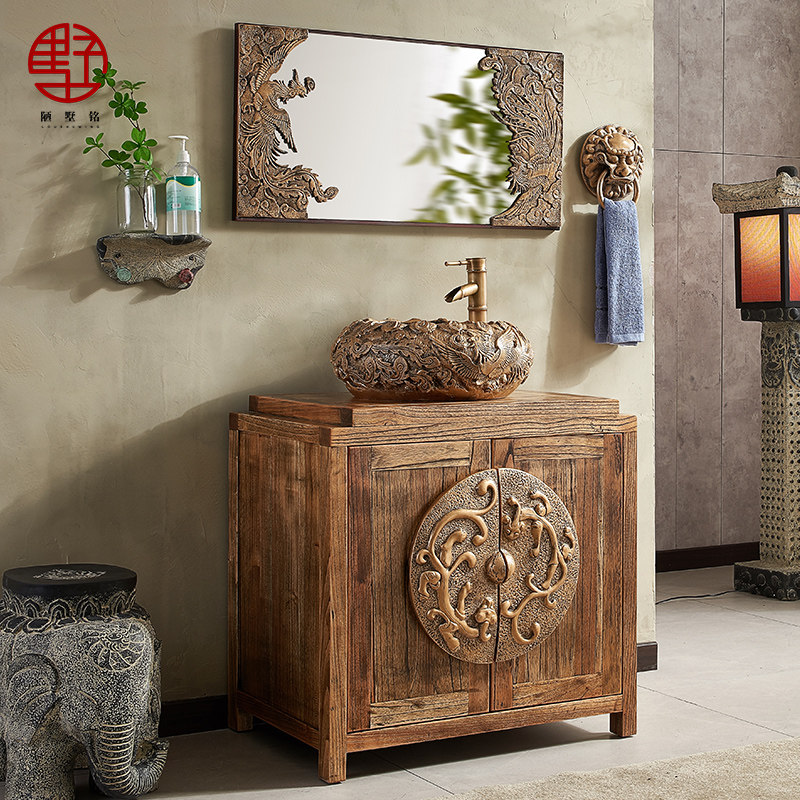 新中式实木浴室柜k组合小户型仿古卫生间落地式洗手脸台上盆洗漱