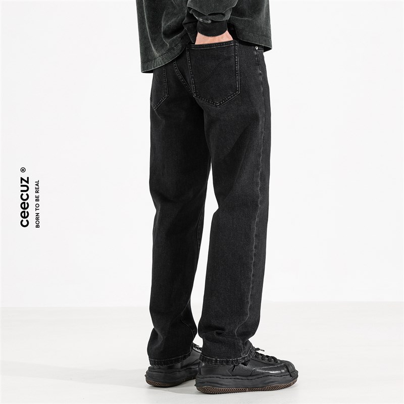 Ceecuz 黑色小直筒牛仔裤男款C春秋新款微弹休闲潮流宽松小脚热卖
