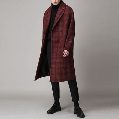 秋冬格子毛呢大衣男m中长款冬季韩版英伦风男士呢子风衣外套热卖