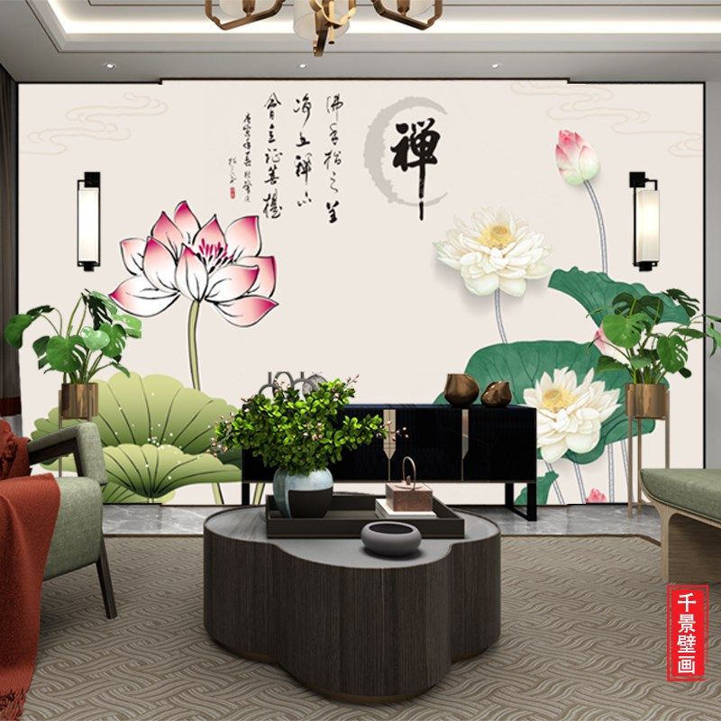 现代中式b佛经壁纸莲花禅意墙纸荷花佛字佛堂佛台客厅背景墙壁画,家装主材,定制壁画,淘宝优惠券,粉丝福利购,淘宝优惠卷