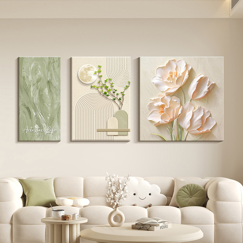 奶油风花卉沙发背景墙装饰画大芬C村油画三联画肌理感静物客厅挂,家居饰品,现代装饰画,淘宝优惠券,粉丝福利购,淘宝优惠卷