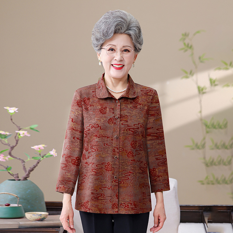 奶奶夏装衬衫70岁妈妈夏季中老年女装上衣长袖老太太薄款翻领衬衣