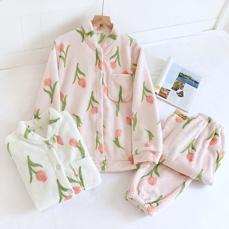 日本品质法兰绒长袖长裤睡衣套装单件上衣收口长裤分体家居服秋冬