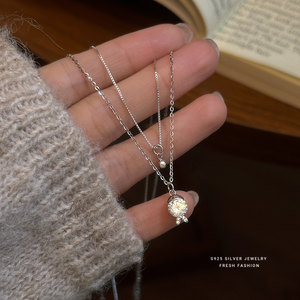 日本品质S925纯银爆闪小鱼吐泡泡项链女韩版ins个性叠戴风时尚百