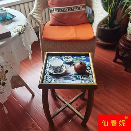 速发高两河老榆木家俱实木镶嵌瓷板画沙发边几可折叠小茶几折叠桌