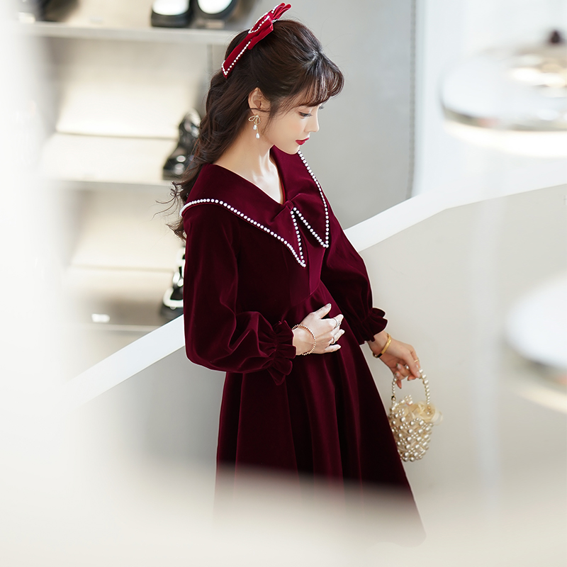速发孕妇敬酒服新娘高子感丝绒大码订婚礼回遮肚级服门连衣裙冬季
