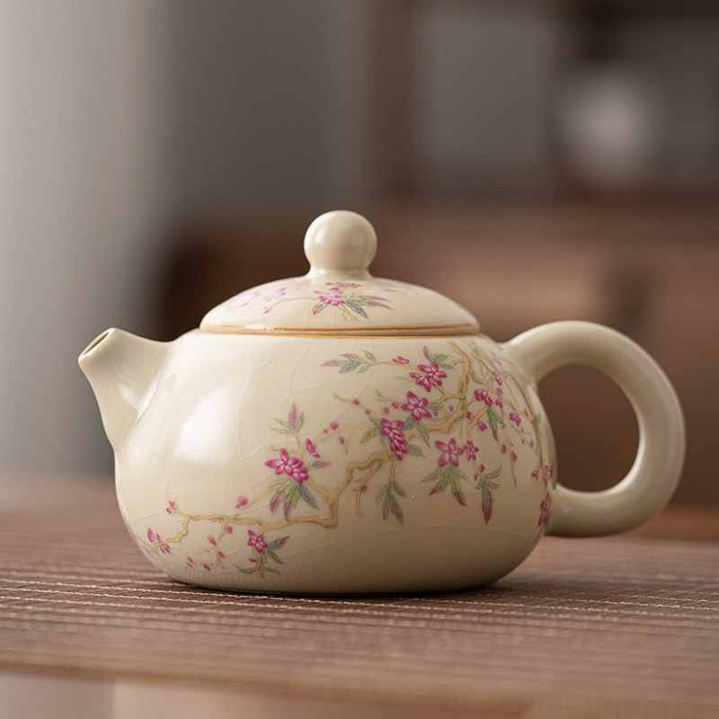 速发米黄汝窑桃花西施壶功夫开茶小泡茶壶复用具片可养单壶泡茶器
