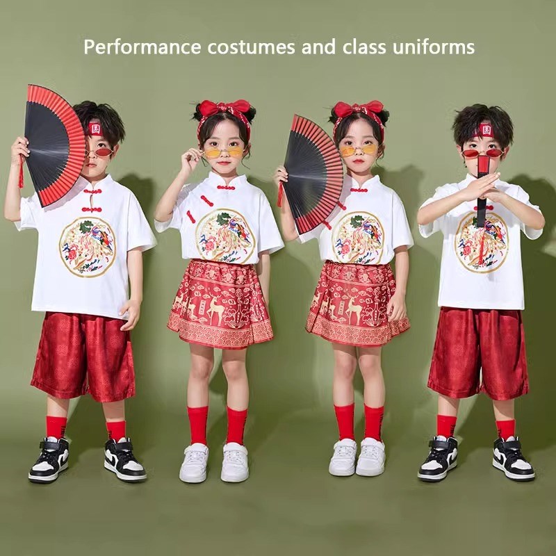 速发中秋汉服男孩马装孩演男装表中国风唐面裙服装啦啦队演出服舞