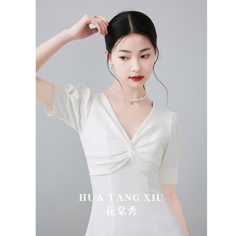 速发白式年会晚宴端持人礼服订婚裙高级感法色领证登记小个子高主