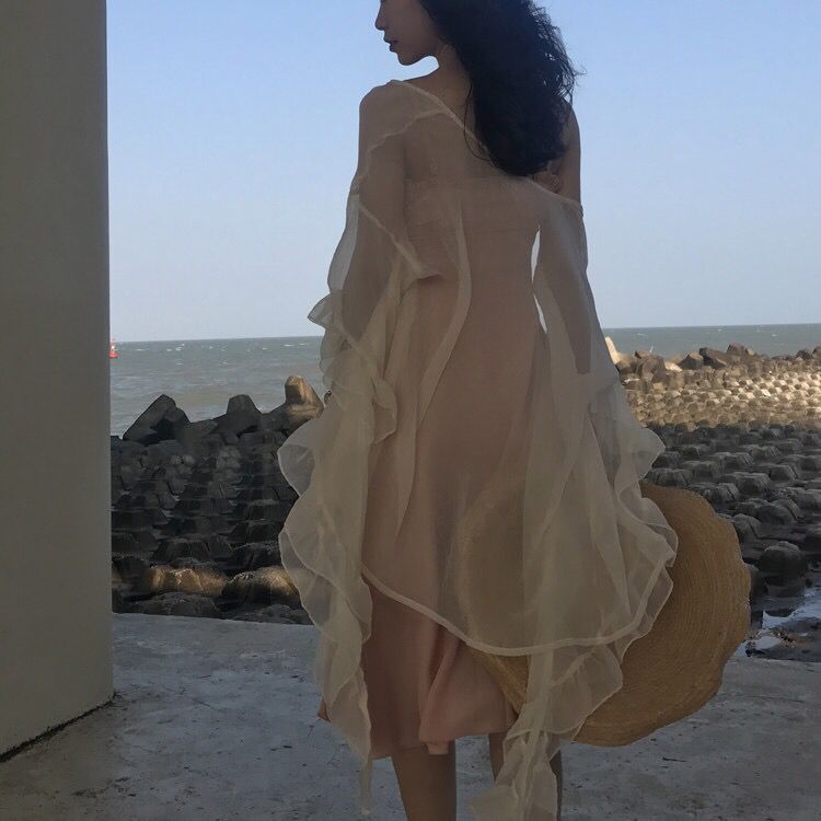 速发披仙夏季外搭很仙的上衣海边度假荷叶边很肩气防晒仙衣小开衫