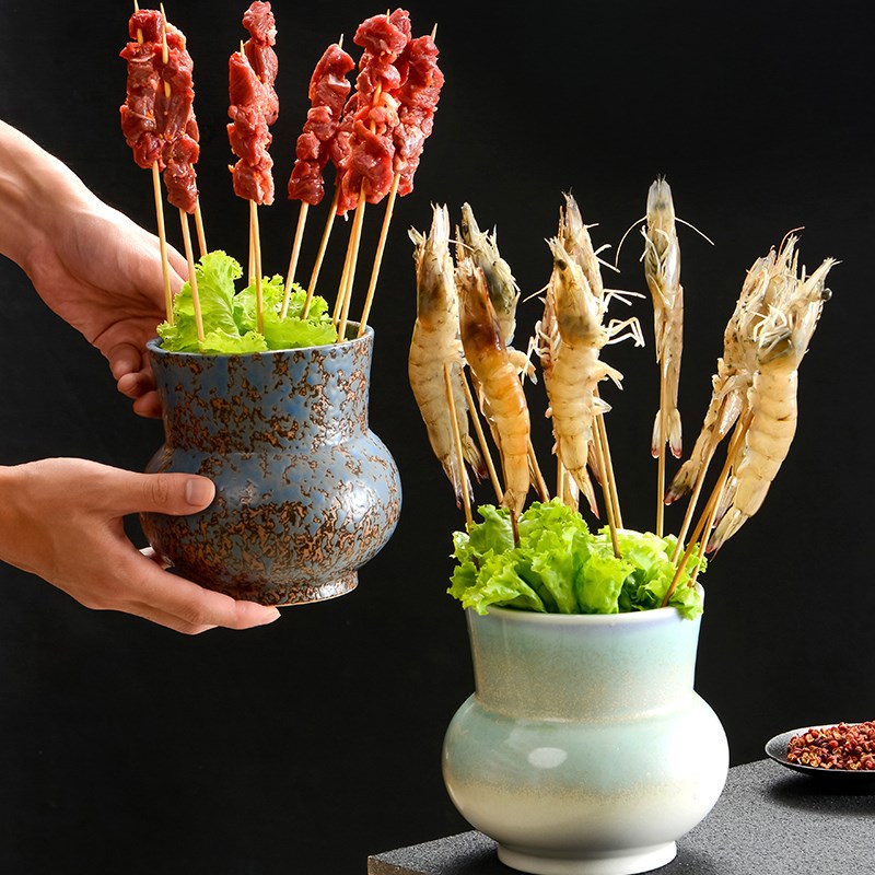 速发商用复古郡肉店插大虾签仿古陶瓷罐创意餐具牛锅小火肝串串香