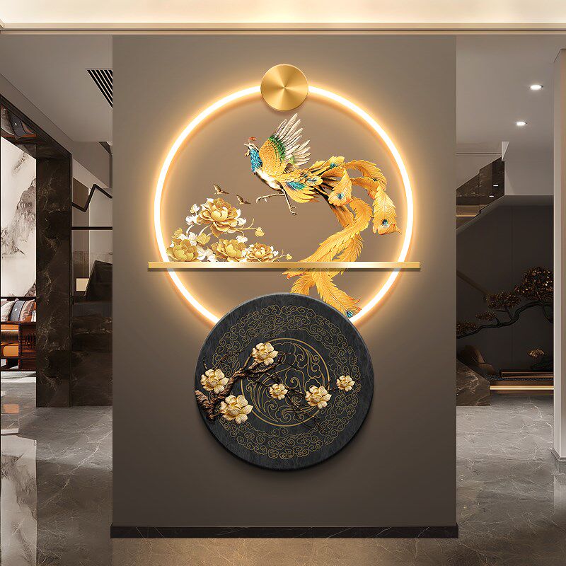 速发凤凰呈祥图奢关装饰画新中式火鸟茶室发光壁饰轻玄入户门带灯