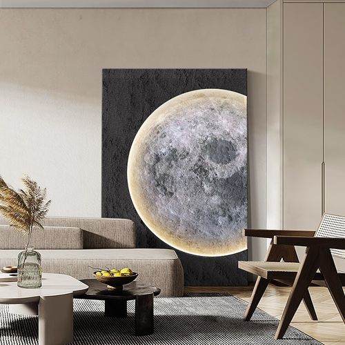 速发月球带发背景侘落地壁画墙寂风客厅砂岩装饰画肌理感玄关沙灯