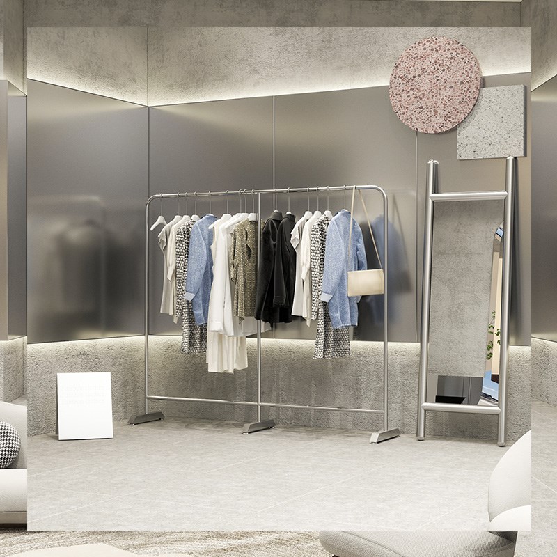 速发侘寂风装装店展示架落货式不锈钢服店专用地架侧挂衣服架子