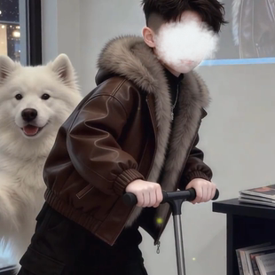 男童加绒加厚皮衣外套2025新款 夹克男孩连帽两面穿潮 洋气痞帅冬装