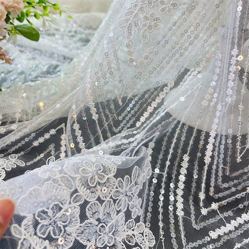 网布婚纱亮片水溶蕾丝绣花面料双边波浪服装舞台服时装刺绣辅料