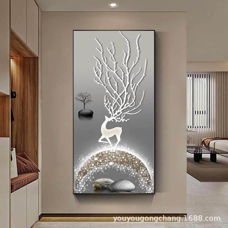 福禄大进门玄关画现玄关画麋代轻奢气入户画走廊墙装饰画鹿客厅过