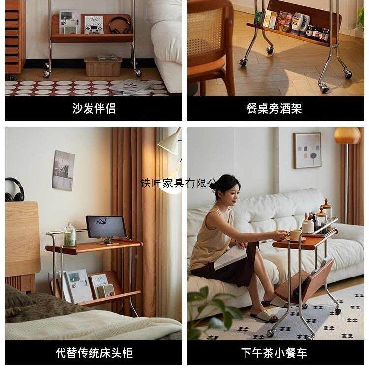 可无品牌/架移动茶床头樱桃木书架中古小实推车木边几置几物客厅
