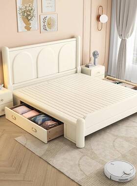 奶油风实床木床白色.8米现代简1约主卧1.5人床法式家用婚储双CBU