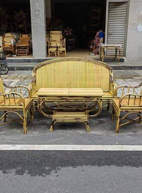 沙厅竹椅子三人长椅竹制客桌椅客厅竹子茶几组合老ZZL式发复古小