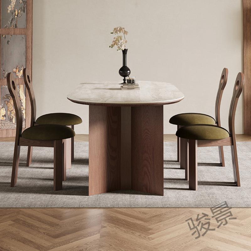FS中古风洞石岩板木圆餐桌MOC椅组合家椭形复用古饭桌长方形胡桃