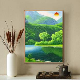 办无品牌/水画青山绿水风景山挂画聚宝盆装玄饰画客厅关餐厅竖版