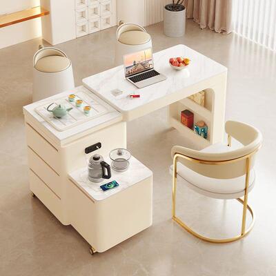 家用茶桌可伸缩奶茶旋转油风岩板茶台LIT小户型阳台桌椅组合可移