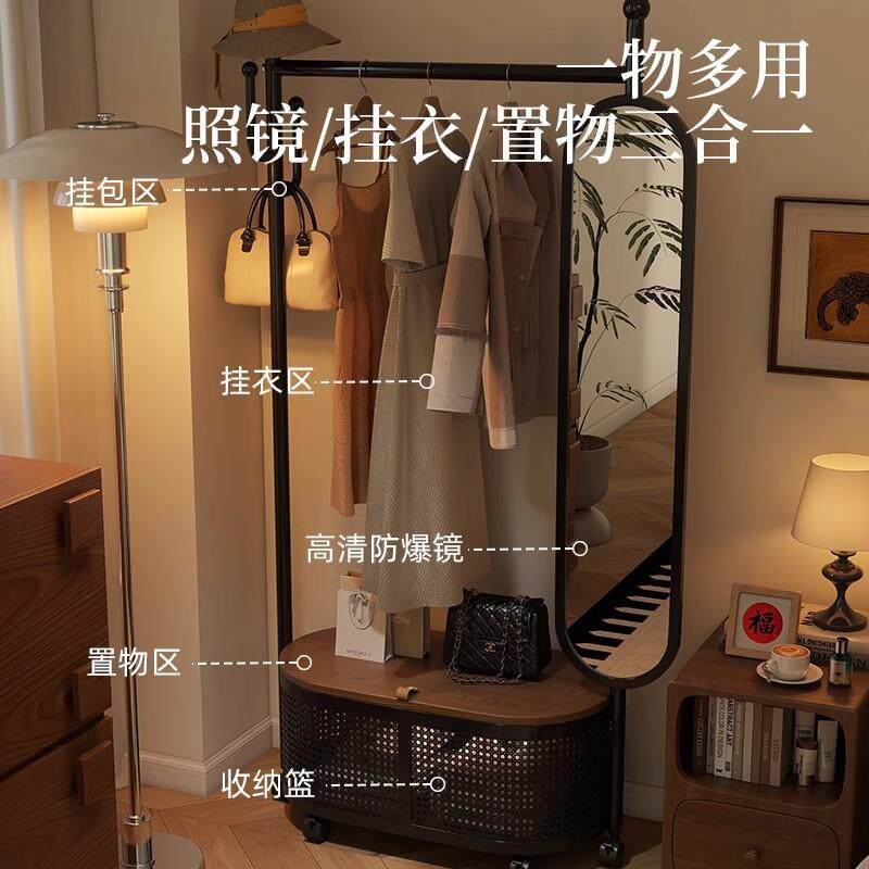 可架移动挂衣带镜子室落卧地式全身镜体衣一帽架试衣镜子置物9958
