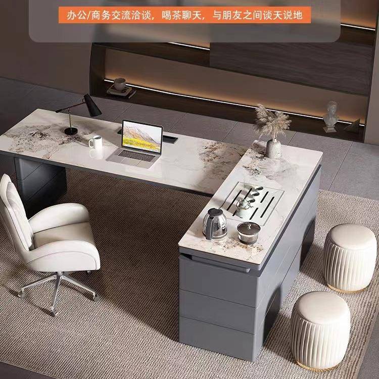 轻奢书桌简茶桌一体岩板多公功能现代老板无品牌/约转角家用办桌