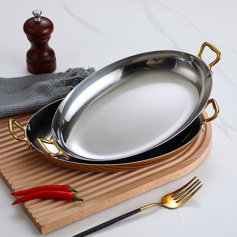 锈钢西餐餐盘西牙海ZMA鲜龙虾盘商用双耳不椭圆排战斧牛盘班法式