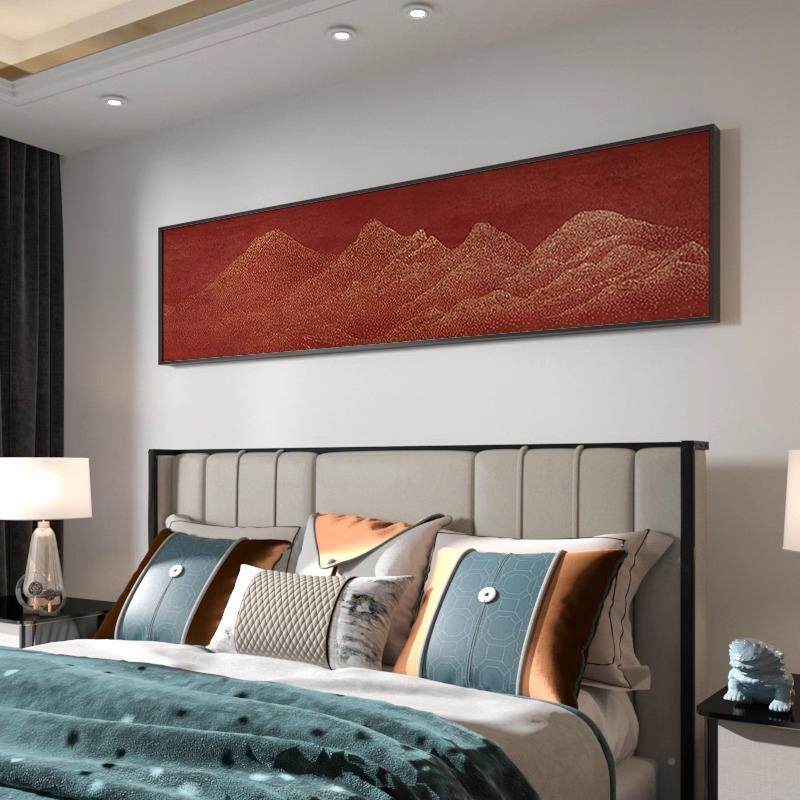 新中式横版装饰画床红色抽象极简轻奢水客厅山茶卧室KIG头壁画室