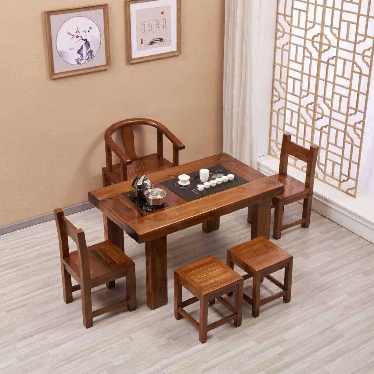 船木实木阳台小茶桌椅组合纯实木办公室中式茶几茶台家用茶艺桌