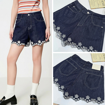 莱赛尔天丝镂空花边  A字牛仔短裤  0221