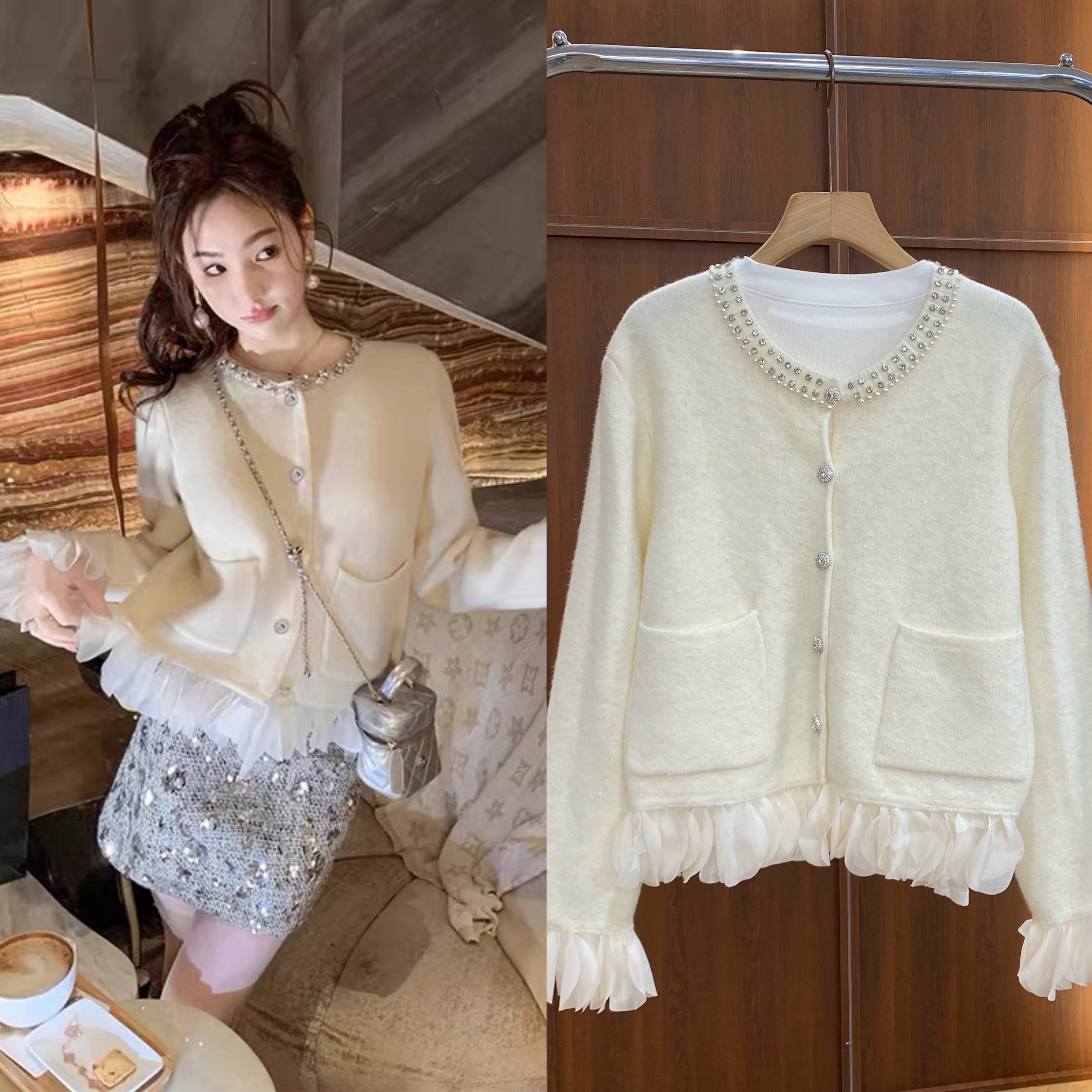 小香风重工钉珠花瓣 进口银丝外套 0089   0930