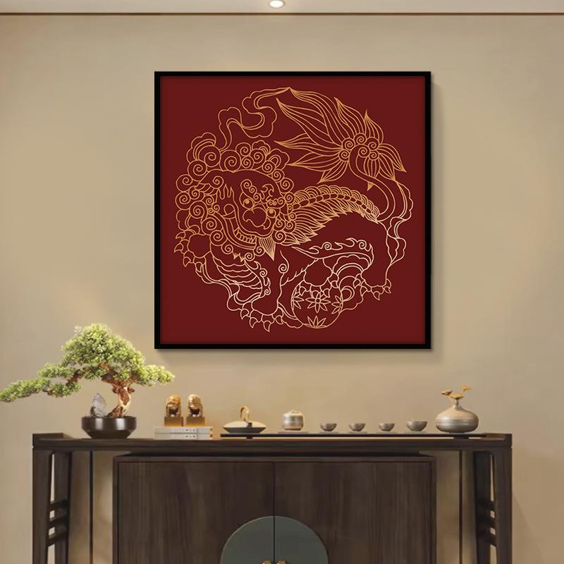 麒麟图室挂风画新中式红色象画中国腾卧抽玄关客ENU厅装饰画壁画图片