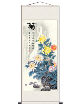 齐白石荷花四条屏梅兰竹菊茶楼古沙发背景装饰中式挂画丝绸卷轴