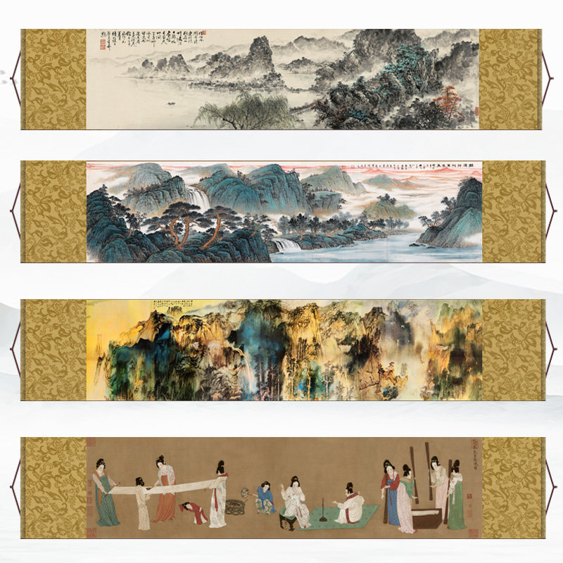 山水画新款书法携琴古代名家字画卷轴画横幅丝绸画绢画仿古宣纸画
