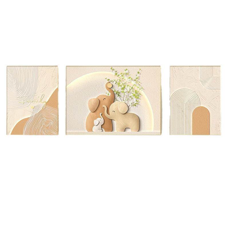 原木风客厅装饰画奶油风2024新款大象大气三联壁画沙发背景墙挂画