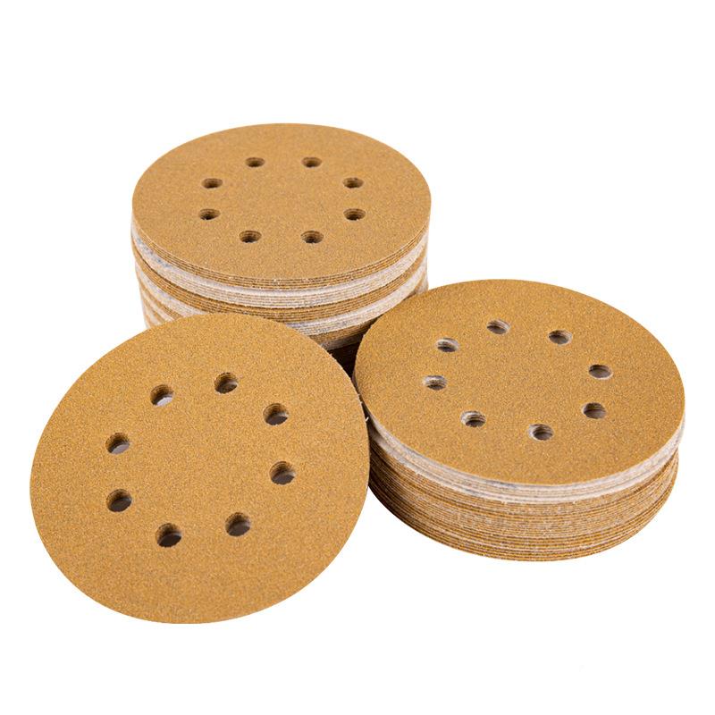 黄砂干植绒砂纸5寸8孔125mm黄盘金砂磨圆片打磨背【40#】1绒拉绒