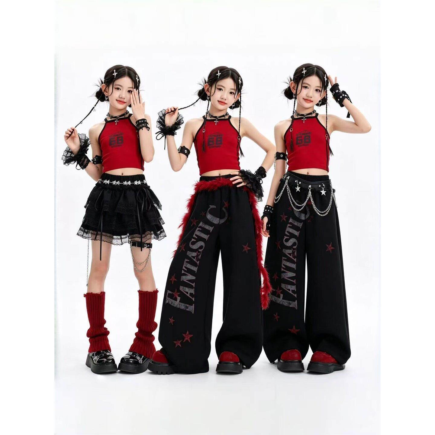 爵士舞服装女童红色jazz表演潮服女团甜酷舞蹈嘻哈儿童街舞演出服