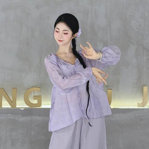 古典舞罩衫上衣新款现代舞长袖宽松练功服中国舞舞蹈服系带训练服