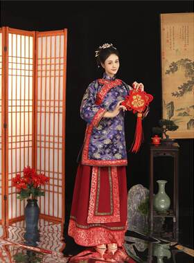 清朝古装媒婆婚礼服 汉女晚清旗袍直襟复古中式大麻刺绣喜娘服