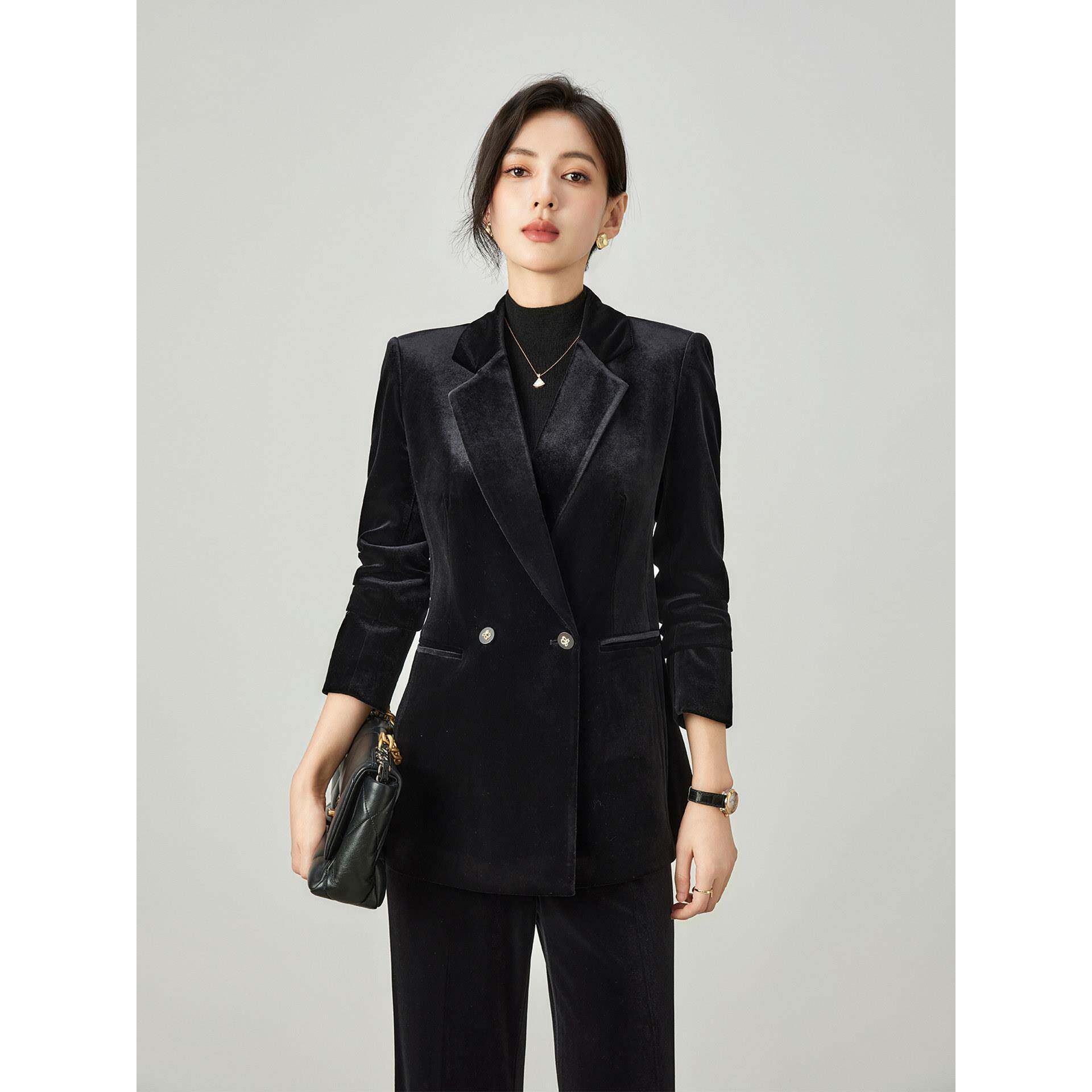 春秋冬新款黑色金丝绒西装外套高级感职业时尚气质轻奢西服套装女