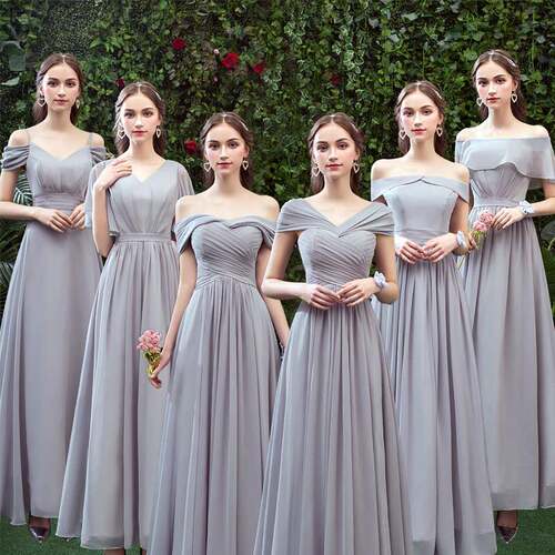 2024新款灰色伴娘礼服 显瘦长款韩版一字肩婚礼礼服